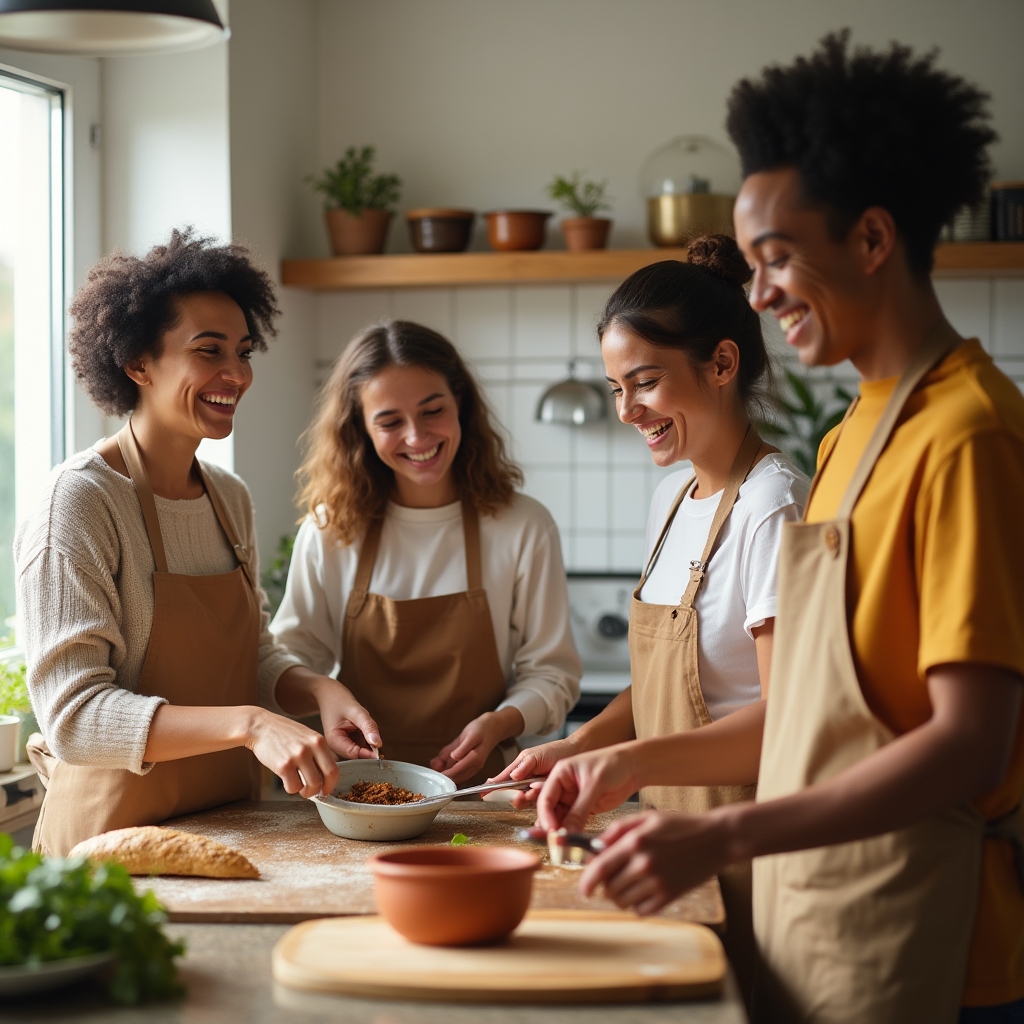 Grupo aprendiendo cocina juntos en sesión de intercambio