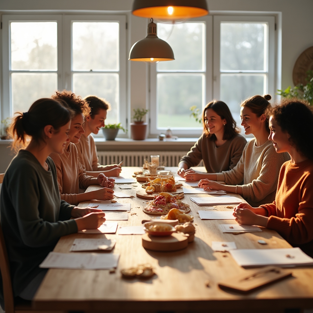 Comunidad de personas intercambiando habilidades en un espacio cálido