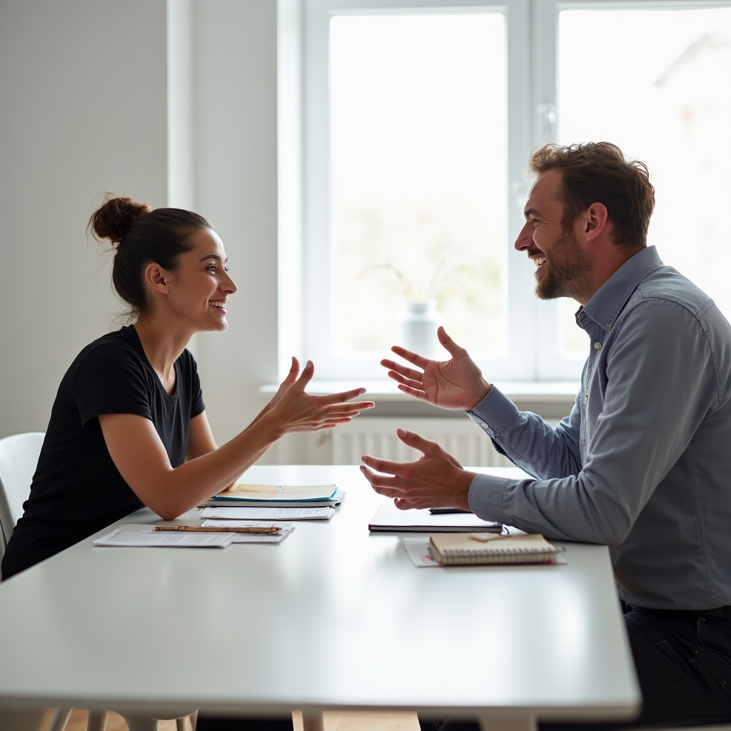 Dos personas practicando conversación en idioma extranjero
